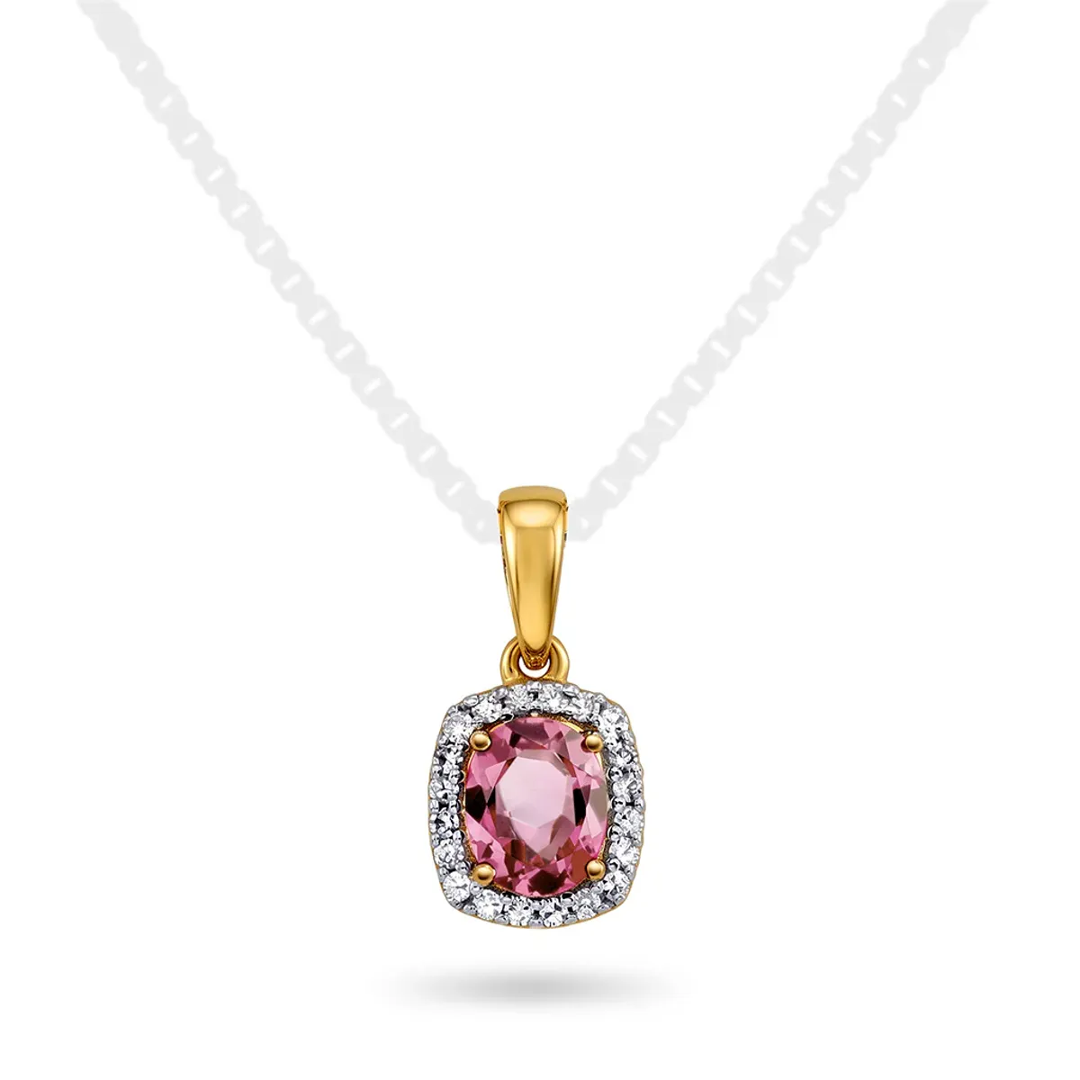 Anheng i gull med diamanter og rosa turmalin